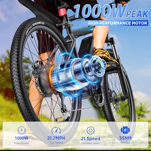Electric Bike for Adults, 26'' 1000W Peak Ebike, Up to 50 Miles 21.7MPH Electric Mountain Bike with 48V 374.4WH Removable Battery, Adjustable Stem, Fenders, Lockable Suspension Fork, 21-Speed
