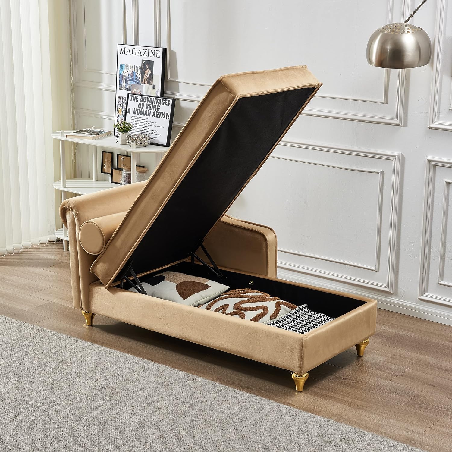 Modern Upholstery Chaise Lounge Chair with Storage Velvet (Khaki)