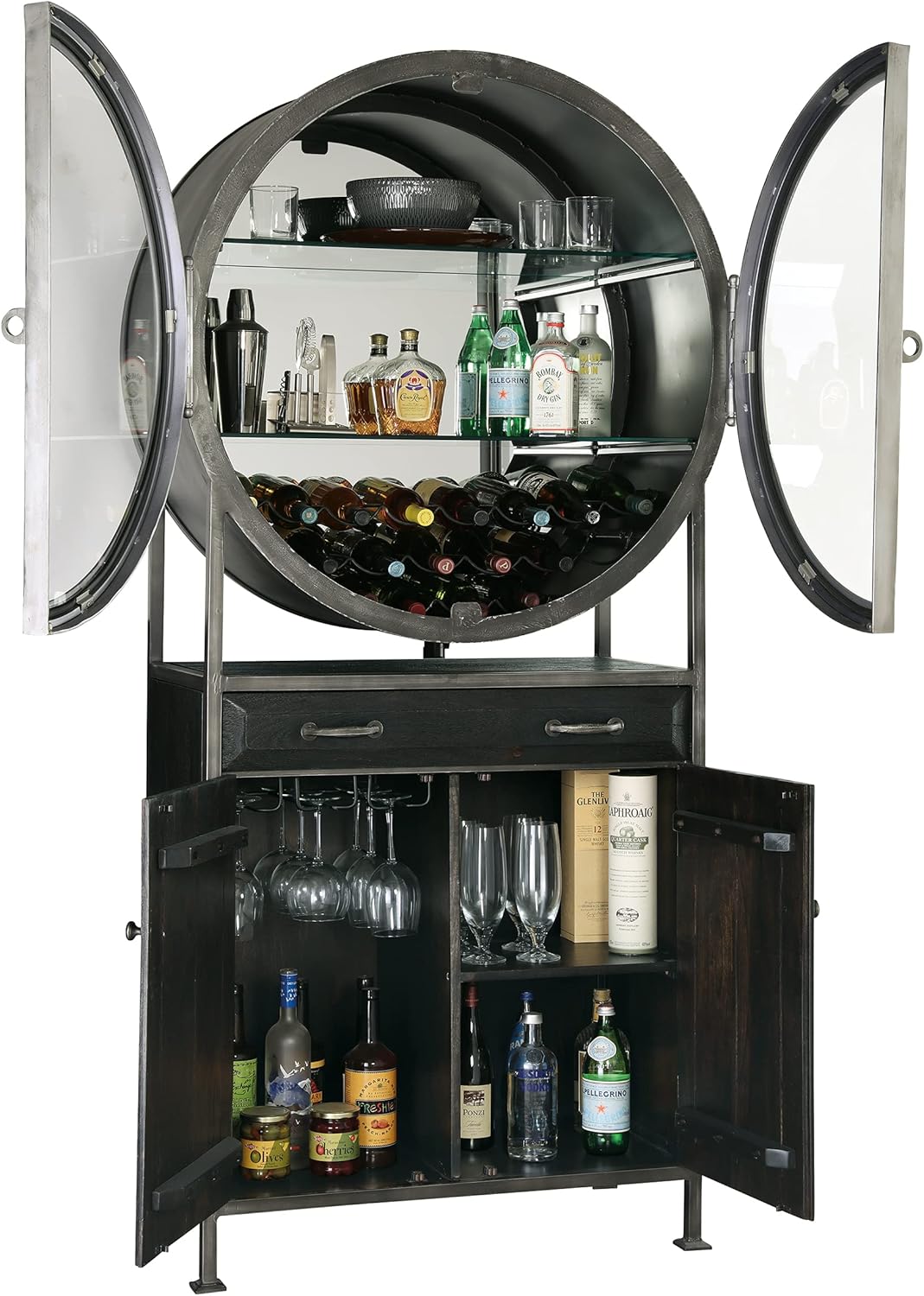 Howard Miller Rob Roy II Wine & Bar Cabinet 695-237 – Aged Mocha Finish, Aged Iron Finished Metal Frame, Home Liquor Storage, Metal Stemware Rack, 19-Bottle Wine Rack