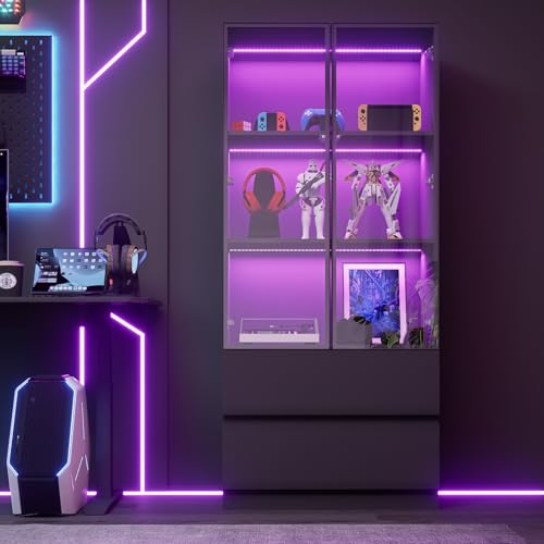 Glass Display Cabinet, Display Case Cabinet with LED Lights, Display Cabinet with Glass Door, Curio Cabinet with 3-Tier Shelves and 2 Drawers, Storage Cabinet for Living Room, Bedroom