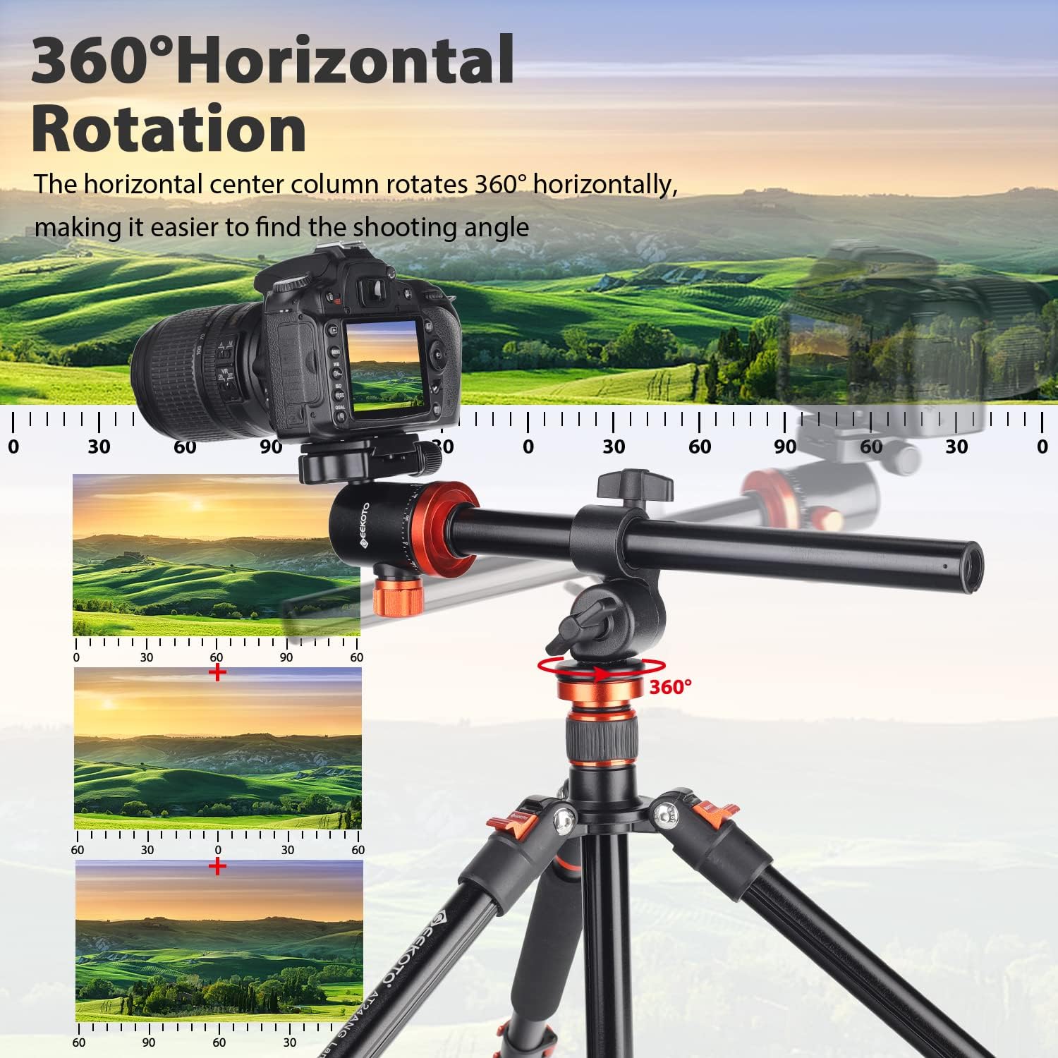 GEEKOTO Tripod, 76 Inch Camera Tripod with Rotatable Horizontal Center Column, Aluminium Professional Tripod for DSLR with 360 Degree Ball Head, Quick Release Plate