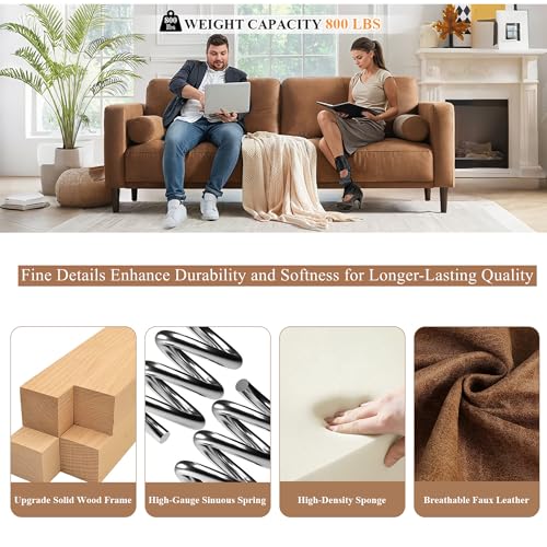 HIFIT Sofa Couches, 79” Mid-Century Modern Couch, Breathable Faux Leather Couch with Upholstered Cushions/Pillows, 3-Seat Sofas & Couches, for Living Room Apartment Office, Brown