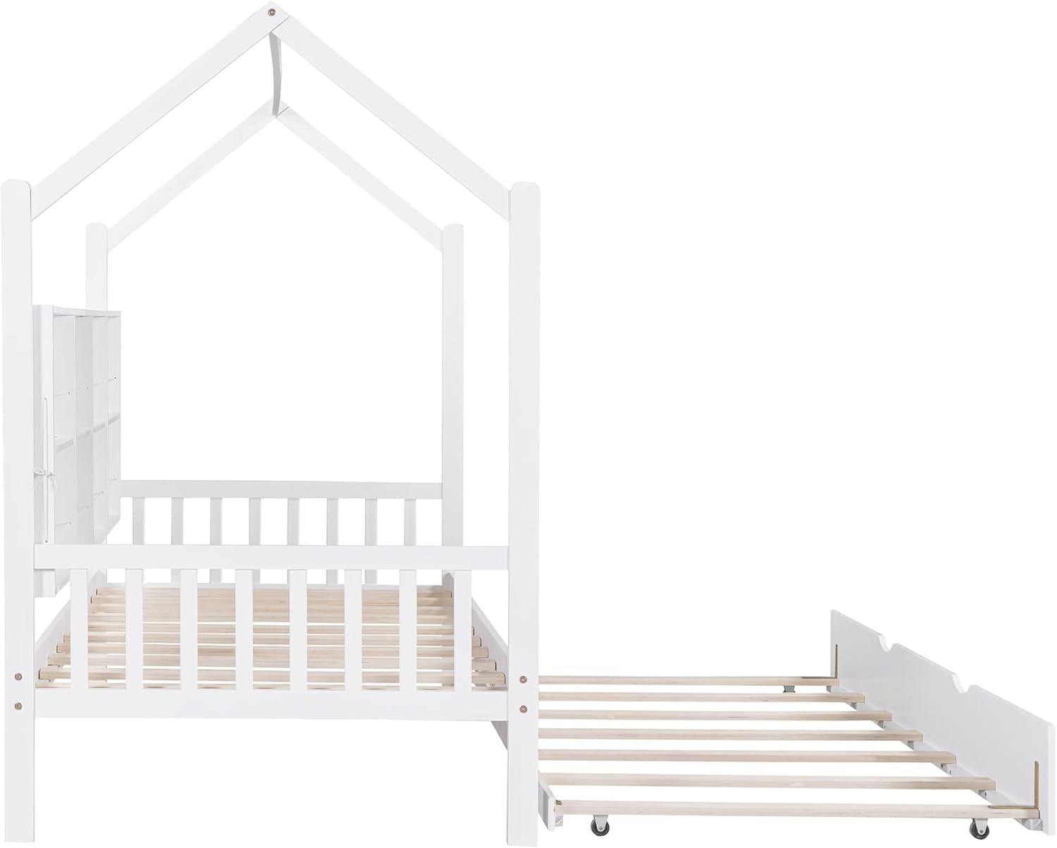 Merax Twin Size Platform Bed with Trundle, Wooden Twin Size House Bed Frame with Storage Shelf, No Box Springs Needed, White