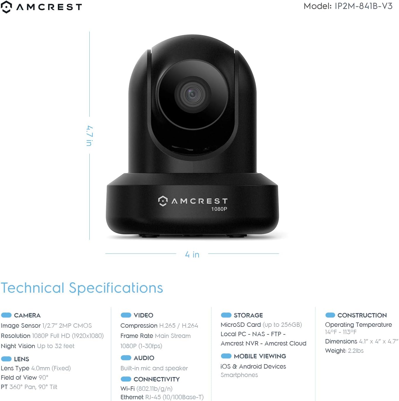 Amcrest 2-Pack 1080p WiFi Camera Indoor, 2MP Pan/Tilt Home Security Camera, Auto-Tracking, Motion & Audio Detection, Enhanced Browser Compatibility, H.265, Two-Way Talk 2PACK-IP2M-841B-V3 (Black)