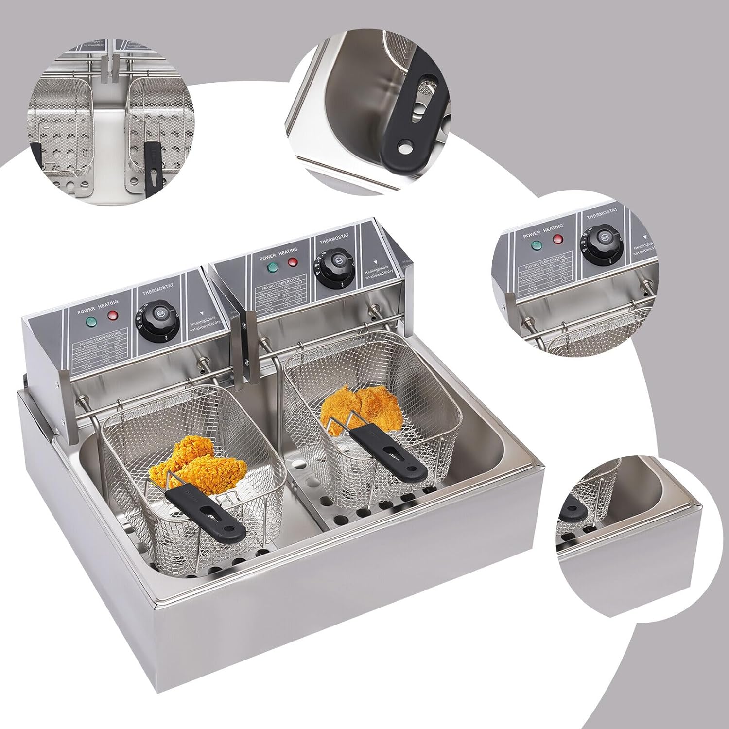 Professional Electric Deep Fryer with 2 Baskets, 5000W Countertop Kitchen Frying Machine, 12L Electric Dual Tank Deep Fryer with Lid, Oil Splash Prevention, for Commercial, Kitchen
