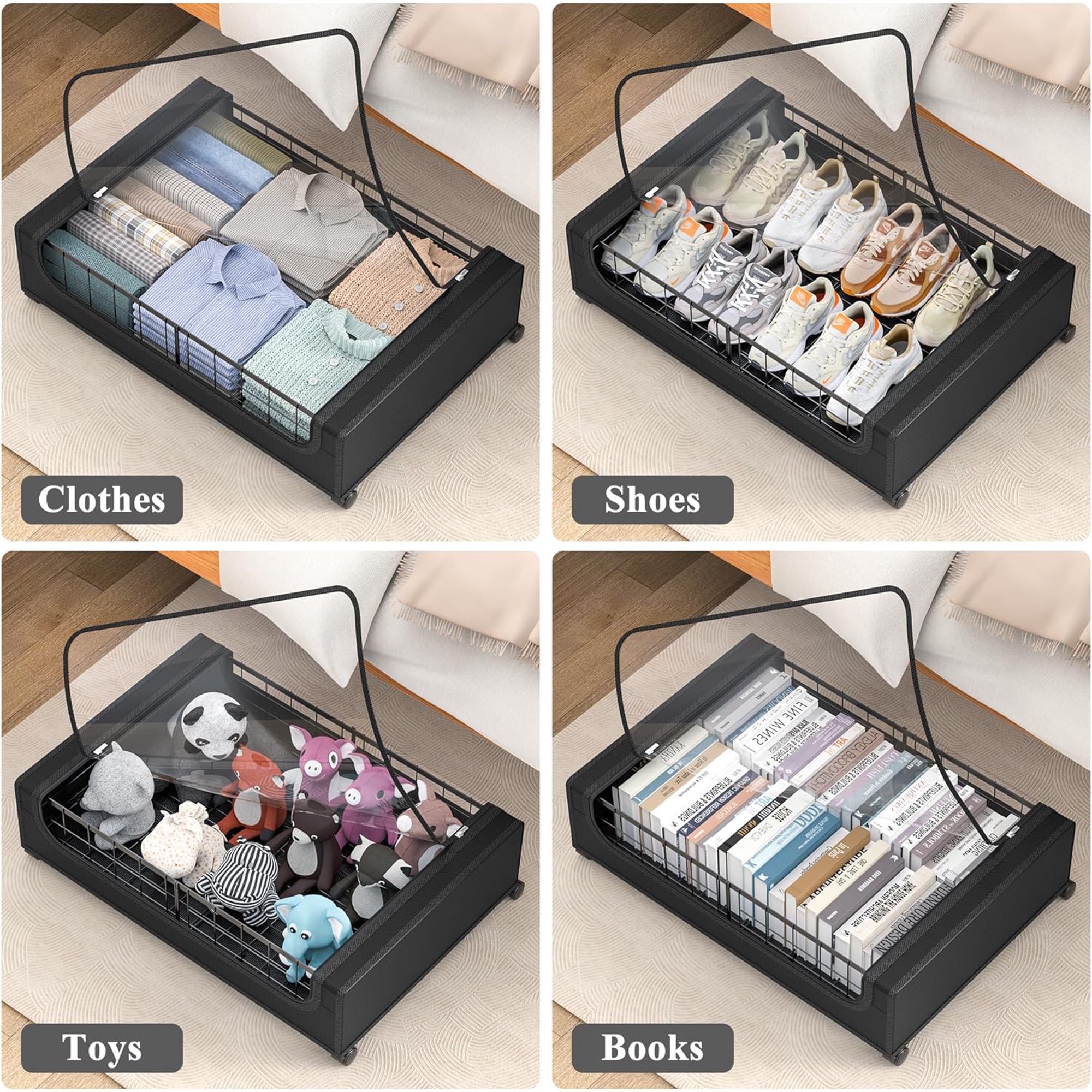 Under Bed Storage with Wheels and Cover, 360? Rolling Under Bed Metal Drawers for Clothes, Blankets, Books and Shoes,Black