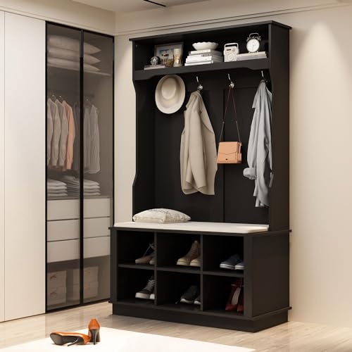 MOUMON Entryway Coat Rack with Storage Bench, Mudroom Storage Hall Tree with Shoe Rack, Hanging Hooks, Hall Tree and Shoe Storage for Entryway Grey (34.3”W x 16.5”D x 68.5”H)