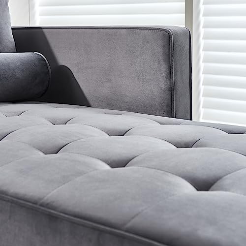 Taikonaut 64" Upholstered Velvet Chaise Lounge with Left Armrest & Lumbar Pillow, Button Tufted Lounge Sofa, Lounge Chair Indoor, Modern Velvet Lounge Chair for Bedroom, Living Room and Office (Gray)