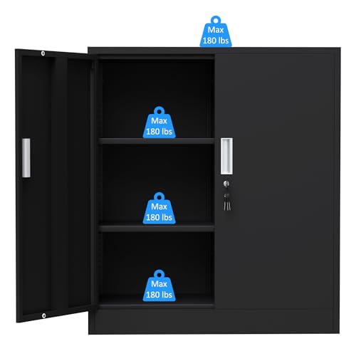 Metal Storage Cabinet with Locking Doors and 2 Adjustable Shelves, Small Lockable Storage Cabinet for Home Office Garage (Black)