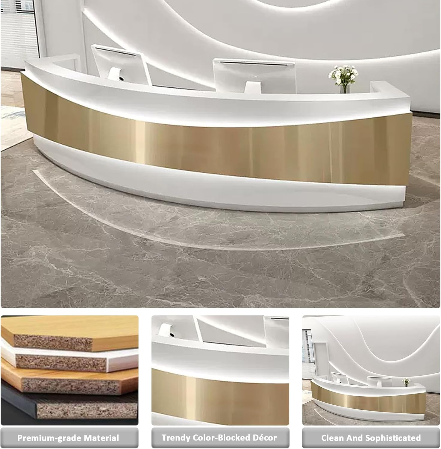 Luxurious Reception Desk - Golden Panel & Curved LED Light & Low-Pitched Slide Rails | Reception Room Front Desk, for Home, Office, Salon Reception Room Checkout Office (88'')