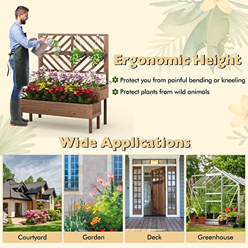 Giantex Raised Garden Bed with Trellis, 2-Tier Wooden Planter Box with Legs and Drain Holes, Garden Trellis for Vine Fruit Vegetable Flower Herb, Outdoor Elevated Garden Bed (Brown)