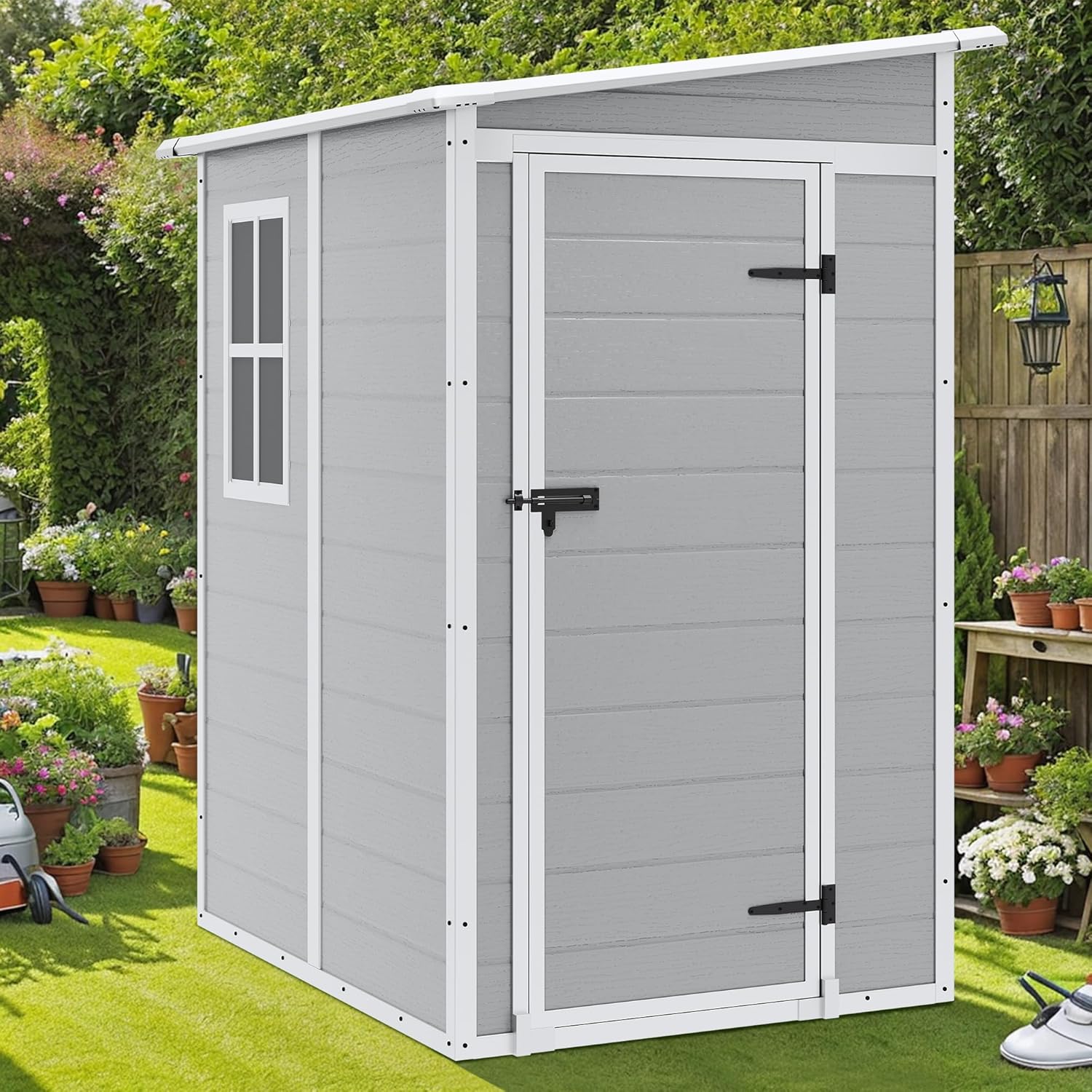 5x4 FT Resin Outdoor Storage Shed with Floor, All-Weather Outdoor Shed with Lockable Door, Window & Sloped Roof, Plastic Sheds & Outdoor Storage Clearance for Garden Patio Poolside Deck, Gray