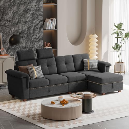 Convertible Sectional Sofa, Modern Microfibe High Back L Shaped Couch with Storage Chaise and Cup Holder 4 Seat Sofa Couches with Extra Headrests for Living Room, Apartment, Beige