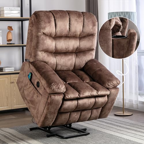 Phoenix Home Large Power Lift Recliner with Massage and Heat for Elderly, Heavy Duty & Safety Motion Reclining Mechanism, Ergonomic Electric Wider Chair with USB Port, 2 Hidden Cup Holders, Brown