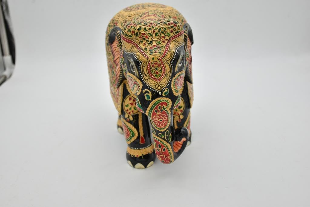 Elephant Statue 8 Inch handmade wooden Trunk Up real gold foil work Art