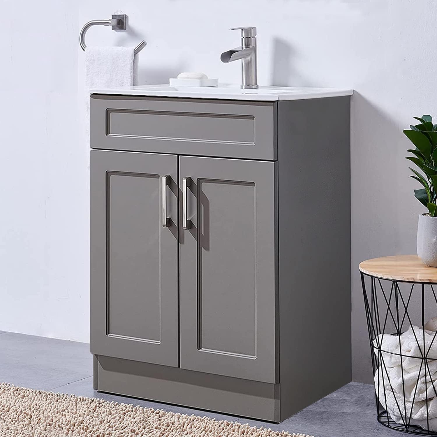24 Inch Bathroom Vanity, Small Bathroom Vanity with Sink, Gray Bath Vanity Sink Set, Bathroom Vanity Cabinet with White Ceramic Vessel Basin Top
