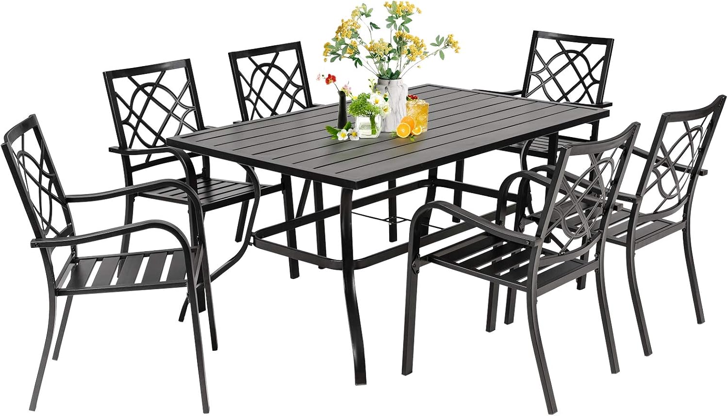 SUNCROWN 5-Piece Outdoor Wrought Iron Chairs and Table Patio Dining Furniture Set - 4 Stackable Metal Chairs and 1 Square Steel Slat Bistro Table with 1.57" Umbrella Hole for Backyard Garden Deck