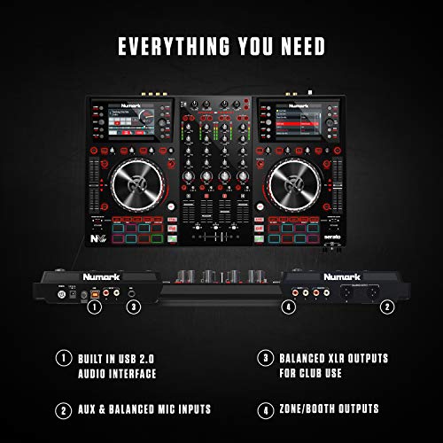 Numark NV II | Four Deck DJ Controller for Serato DJ (Included) With Dual High Resolution Displays, 16 Performance Pads and 5-Inch Metal Platters