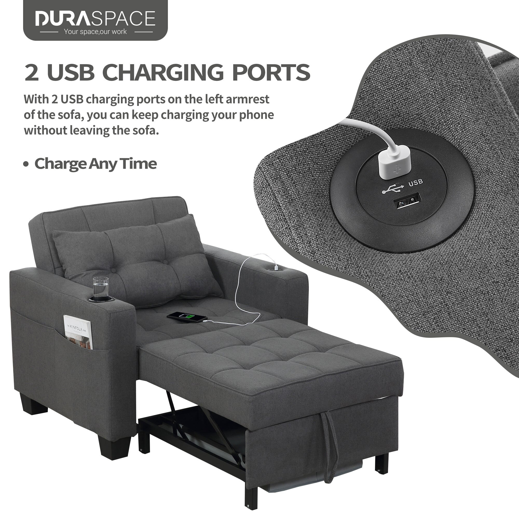DURASPACE  Futon Chair Bed Convertible Chair 3-in-1 Pull Out Sleeper Chair Beds for Living Room Dark Gray Linen