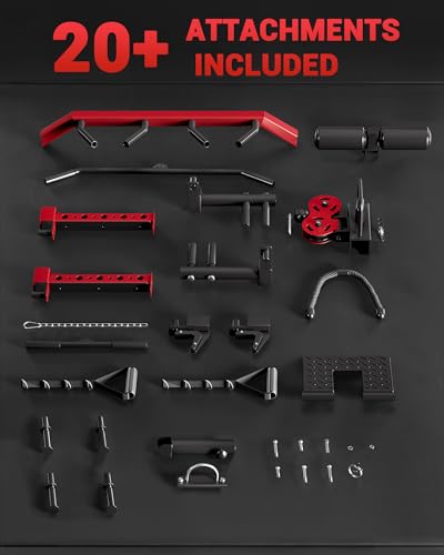 Smith Machine Home Gym All in One, 2200LBS Squat Rack Power Cage with Smith Bar, LAT Pull-Down, Cable Systems, Leg Hold-Down and More Attachments, Workout Equipment (Red Black)