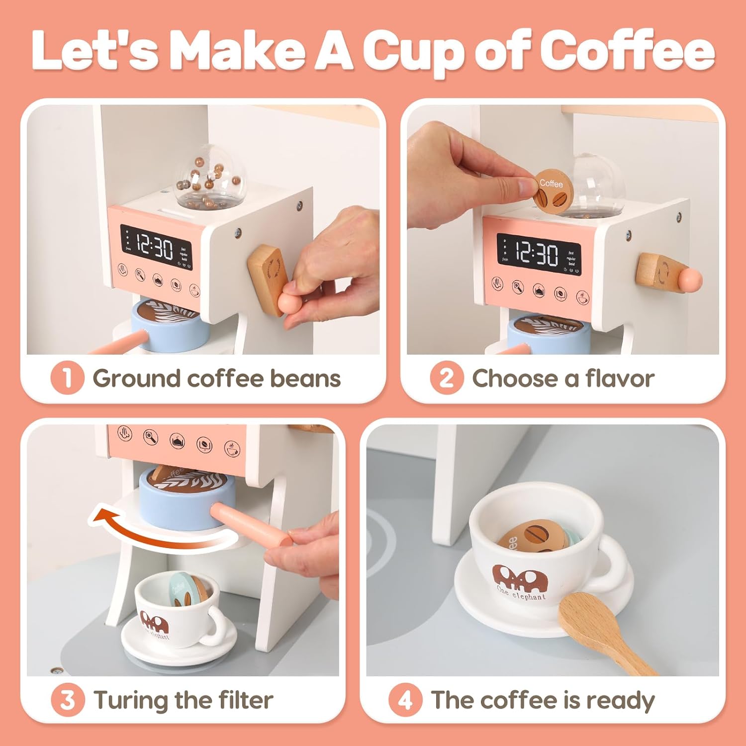 CUTE STONE Wooden Play Kitchen for Kids, Toddler Kitchen Playset with Coffee Machine, Cookware Accessories, Play Sink, Toy Kitchen Set for Boys Girls