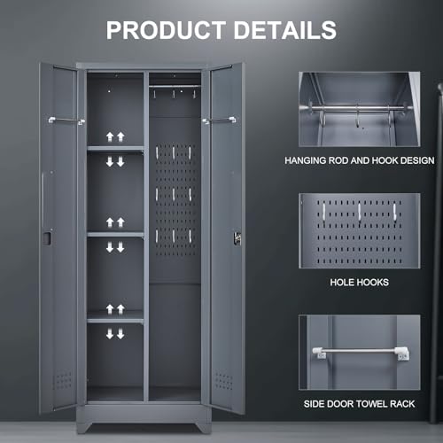 65"H Broom Closet Storage Cabinet, Utility Closet for Brooms and Mops, Cleaning Metal Storage Cabinet with Pegboard and Hanging Rod, Metal Cabinet with Doors and Adjustable Shelves，Garage，Grey-White