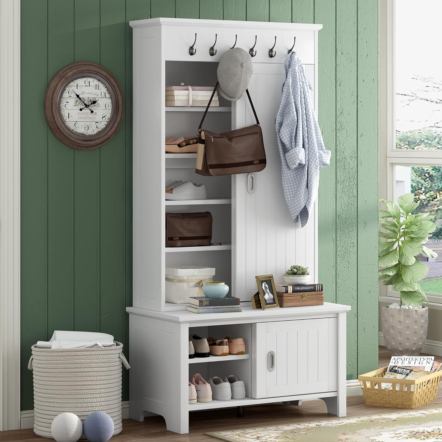 Modern Hall Tree with Bench and Shoe Storage Cabinet, Hallway Coat Rack with Sliding Doors & Adjustable Shelves for Entryway, Mudroom, Living Room, White