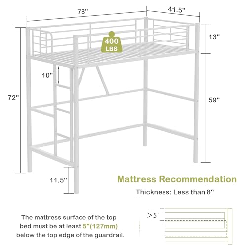 VECELO Metal Loft Bed Twin Size, Heavy Duty Bedframe with Removable Ladder and Safety Guardrail, Space-Saving, Noise Free, No Box Spring Needed, Off White