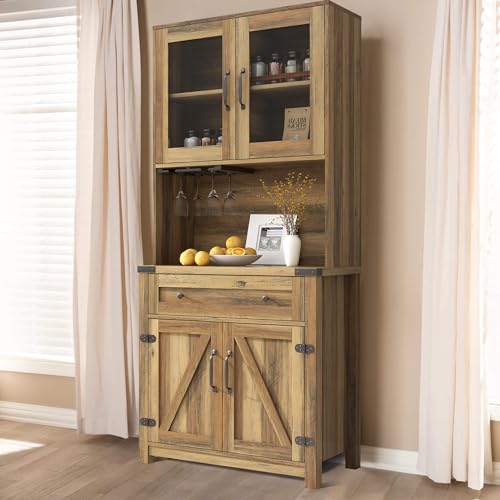 72 inch Tall Kitchen Pantry Cabinet Storage Hutch, Kitchen Cupboard with Countertop for Microwave, Coffee Bar, Free Standing Pantry with Doors for Living Room（2Pcs High + 1 Pcs Low Cabinet）