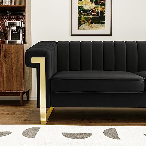 83" Modern Luxury Velvet Couch Comfortable 3 Seater Tufted Sofa Comfortable 3 Person Fashion Couches Solid Wood Frame Metal Legs for Living Room Office Playroom Furniture (P82-Black)