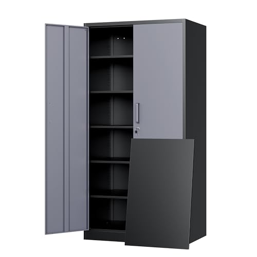 Yizosh Metal Garage Storage Cabinet with 2 Doors and 5 Adjustable Shelves - 71" Steel Lockable File Cabinet,Locking Tool Cabinets for Office,Home,Garage,Gym,School (Gray White)