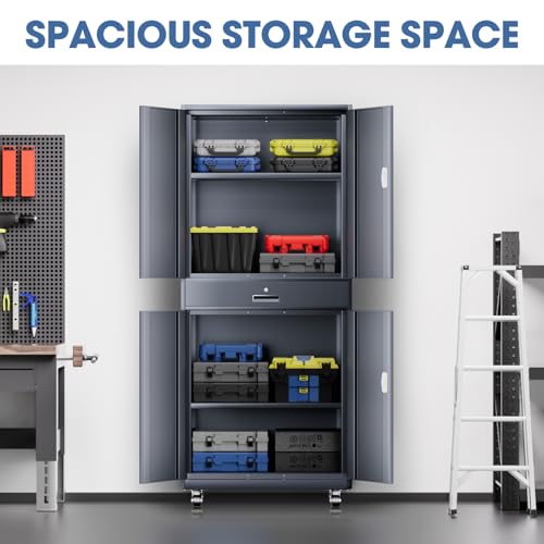 DNA MOTORING 71'' Metal Storage Cabinet, Locking Tool Cabinet with 1 Drawer and Adjustable Shelves, Lockable Heavy Duty Metal Locker for Garage,Office,Home,Gym, Gray, TOOLS-00629-GY-GY-A