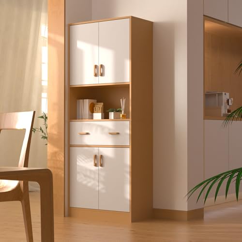 Oak and White Kitchen Pantry Cabinet, 70" Tall Kitchen Storage Cabinet with doors and drawer, Freestanding Wooden Storage Cabinet for Kitchen, Dining Room