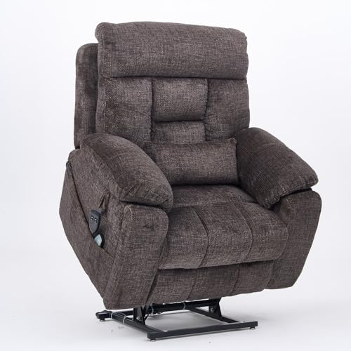 Light Grey Recliner Chair for Elderly | Tall and Big Man 400lbs | Chenille | Power Lift, Lay Flat, Stand Up, Wireless Charging Device, Extended Footrest, Massage Heat, Cup Holder, Lumbar Pillow