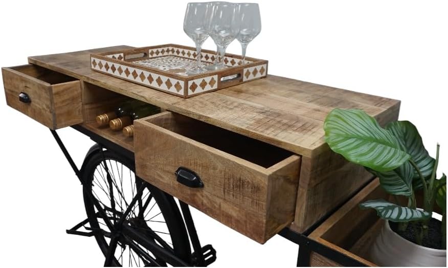 Sundara Furnishings Vintage Bicycle Console Table with Drawers & Storage, Mango Wood, 76L x 18W x 44H inches
