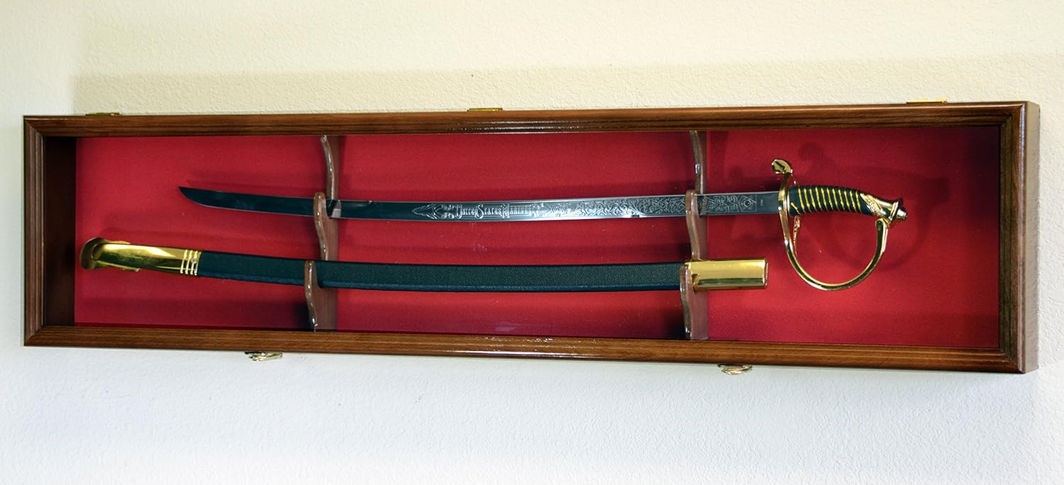 1 Sword Display Case Cabinet Stand Holder Wall Rack Box - Lockable w/ 98% UV Protection -Walnut Finish
