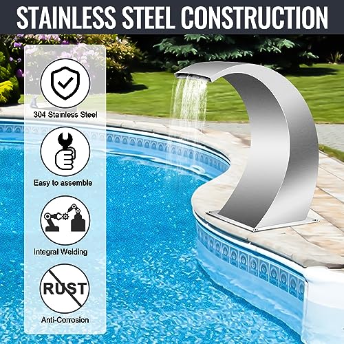 Pool Waterfall Fountains, Stainless Steel Pool Waterfall Spillway with Pipe Connector Rectangular for Indoor/Outdoor Decorative (17.7 Inch)