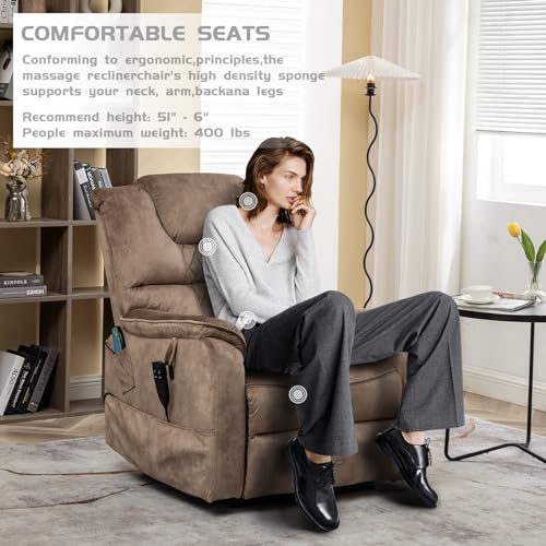 Oversized Power Lift Recliner Chair for Elderly with Massage Heat, Brown Velvet Electric Lay Flat Recliners with Cup Holders, Side Pockets, Infinite Position, Gift for Family