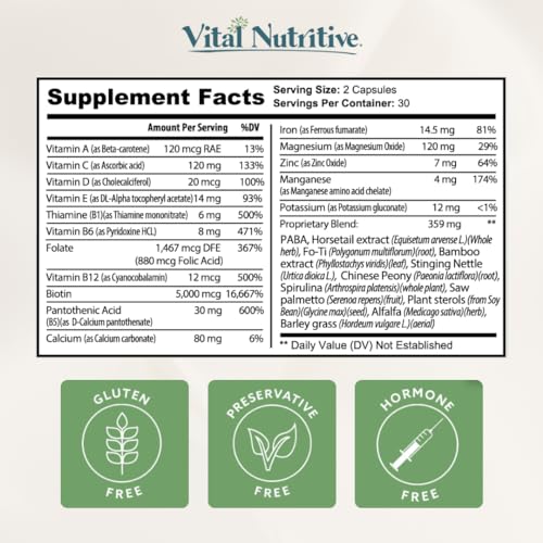 Vital Hair Complex -Hair Growth Vitamins for Women and Men -Biotin & Vitamin B -Hair Growth Supplement for Healthy Hair Skin & Nails -Hormone & Gluten Free -Hair Vitamins for women