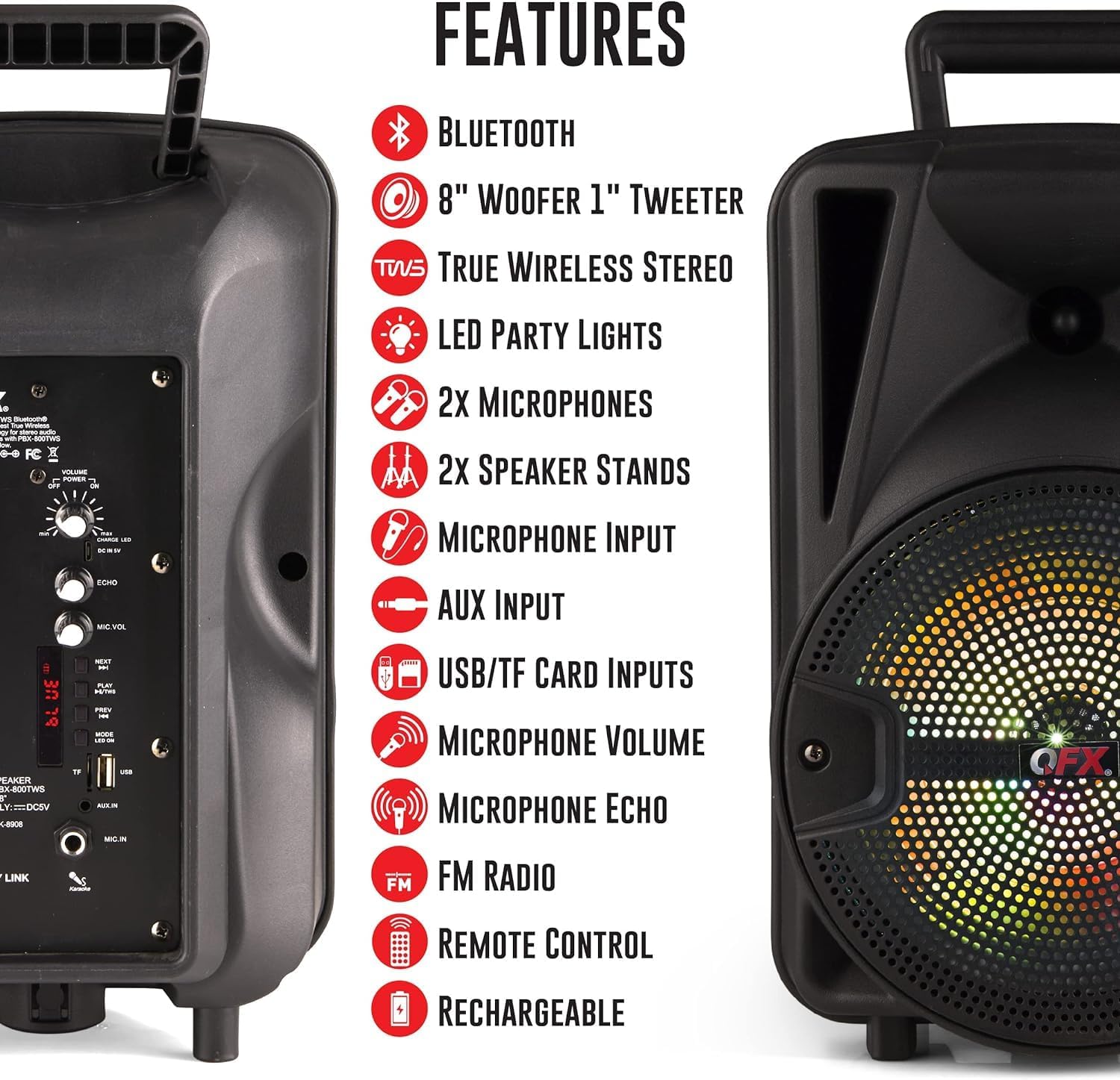 QFX PBX-800TWS 8-Inch TWS Bluetooth Stereo PA System with 2 8" Speakers, 2 Microphones, 2 Stands, and a Remote Control