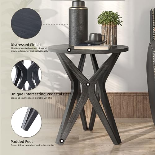 Pedestal Farmhouse End Table Set of 2, Distressed Ash Grey Top with Tripod Base for Modern Farmhouse, Boho Decor, Round