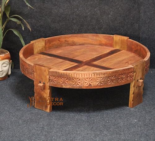 Handcrafted Wooden Coffee Table with Intricate Carved Design,Round Solid Wood CHakki Table (45x45x20 cm)