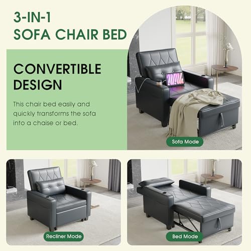 3-in-1 Convertible Sofa Chair Bed, Pull Out Leather Recliner Sleeper Sofa Chair Bed Couch with Cup Holders, USB & Type C Port,Side Pockets, Perfect for Living Room,Bedroom,Office (Black)