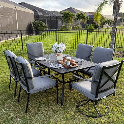 PHI VILLA 7 Pieces Outdoor Dining Set for 6, Rectangular Black Steel Dining Table with Fixed and Swivel Iron Chairs, Large Dining Furniture Set with Cushions for Patio, Deck, Porch, Backyard
