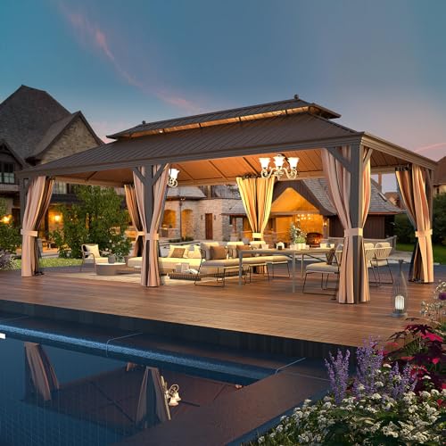 EROMMY 14'x20' Hardtop Gazebo Double Roof Galvanized Steel Canopy Outdoor Aluminum Frame Permanent Metal Pavilion with Netting and Curtains for Patio Backyard Deck and Lawns