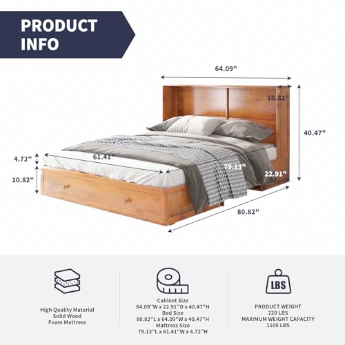 Queen Size Murphy Bed with Large Storage Drawer, Cabinet Bed with Folding Mattress, Murphy Cube Chest Bed with USB Charging Station and Foldable Tray Table - Gray