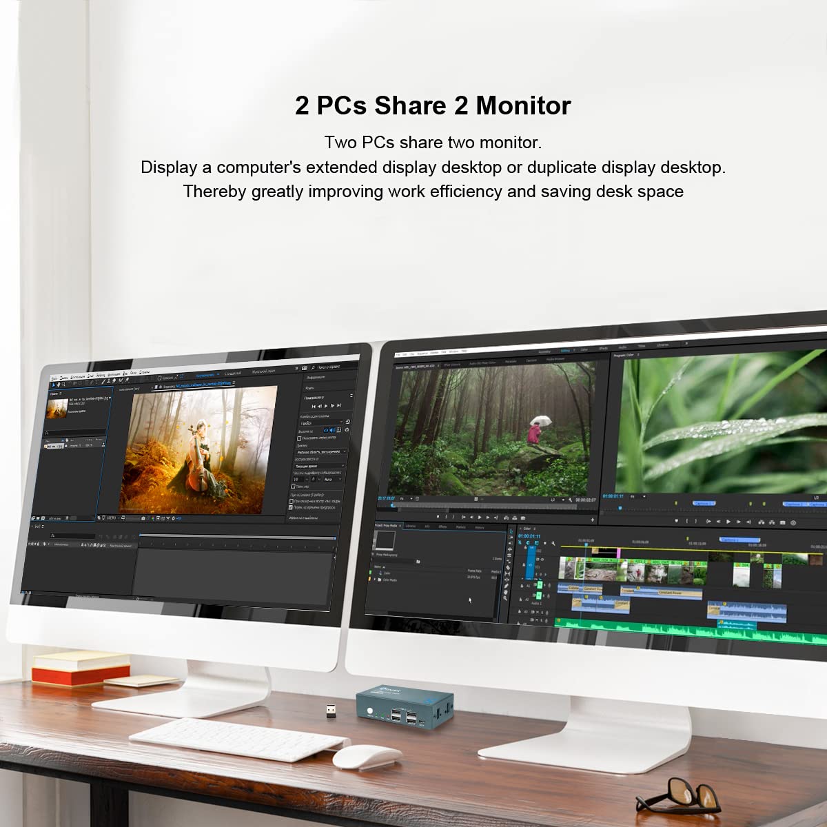 KVM Switch Dual Monitor DP 4K@60Hz Extended Display, Displayport 1.2 KVM Switch 2 in 2 Out with 4 USB 2.0 Hub, PC 2 Monitors Keyboard Mouse Switcher. Come with 4 DP Cables and 2 USB Cables