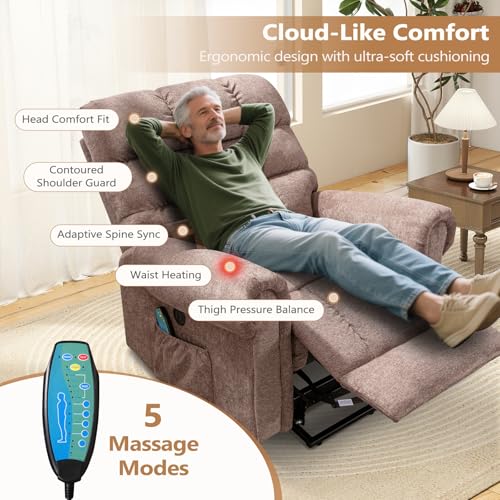 ANJ Large Power Lift Recliner Chair with Massage and Heat for Elderly Big People, Electric Wide Recliners, Heavy Duty and Safety Motion Fabric Reclining Mechanism with USB Ports, Side Pocket, Camel