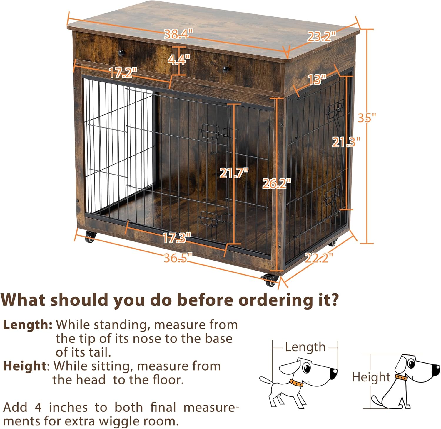 Yehha Cabinet Crate Furniture with Storage Drawer-Wheels, Wooden Kennel with 2 Doors, Steel-Tube Frame & Waterproof Table Top, Ider for Medium Small Large Dog, Brown, Full