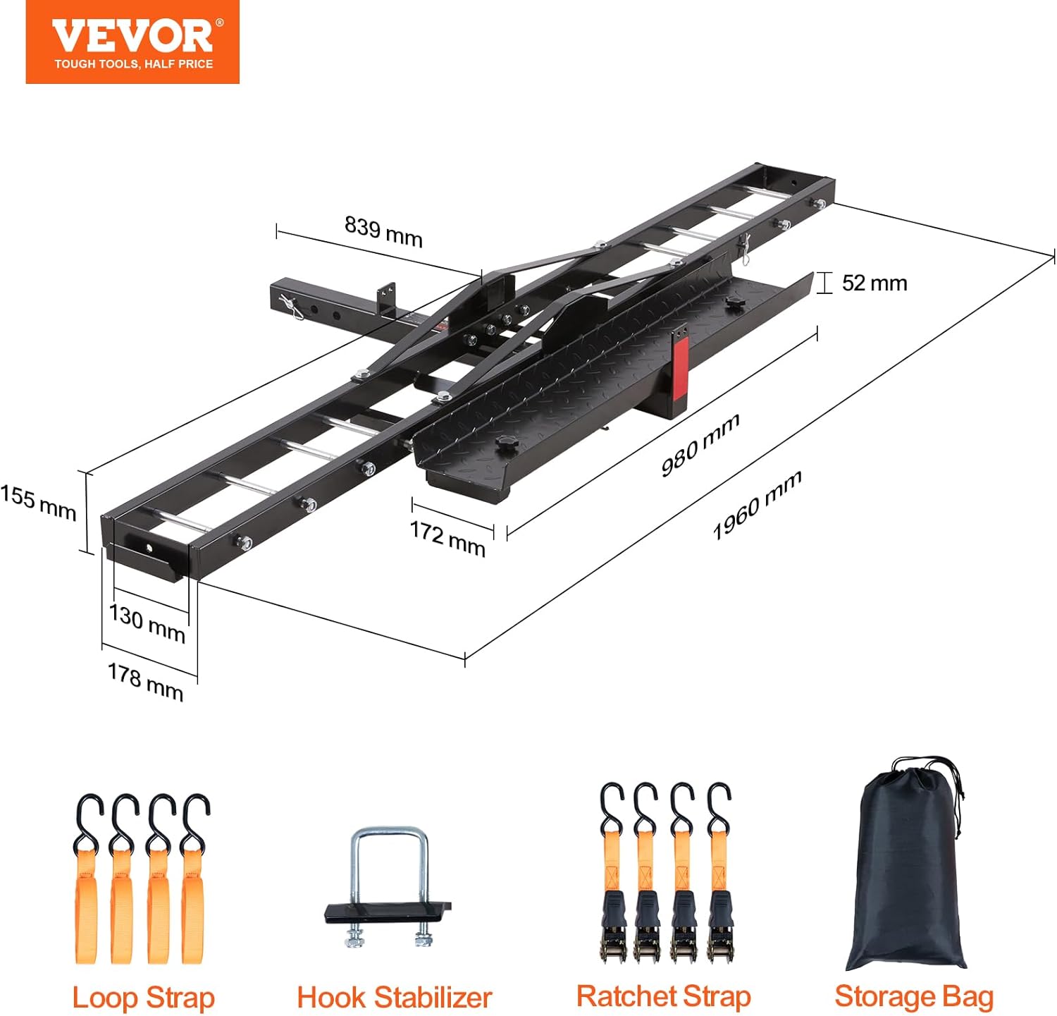 VEVOR Motorcycle Carrier, 600 LBS Steel Motorcycle Carrier Hitch Mount with Loading Ramp, Scooter Dirt Bike Trailer Hauler with Ratchet Straps and Stabilizer, for Car, Truck with 2" Hitch Receiver